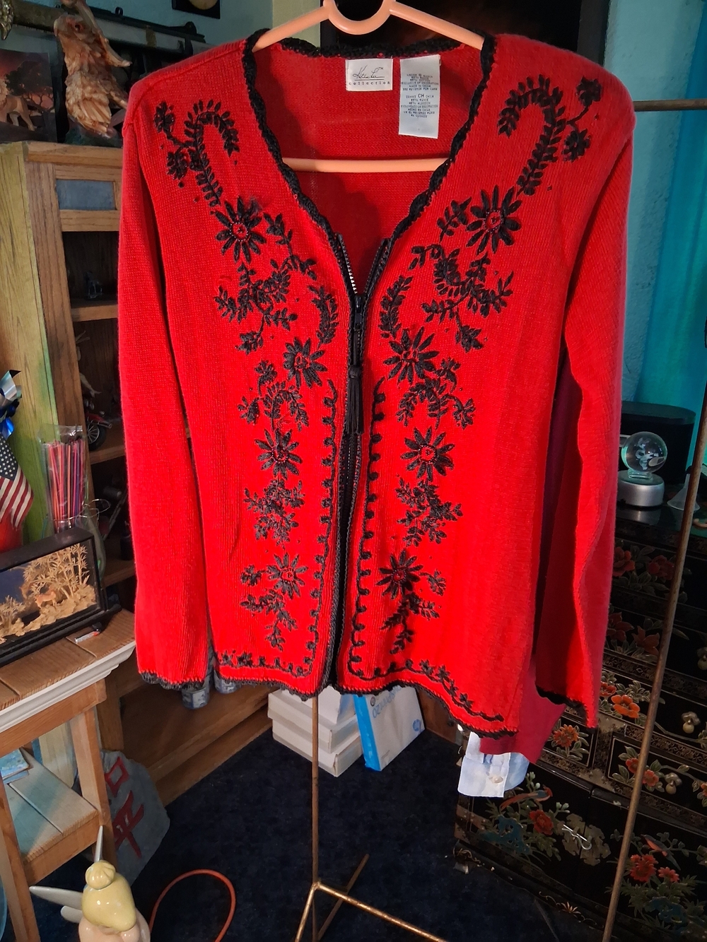 Kathie Lee Collection Red Cardigan with Black Floral Embroidery